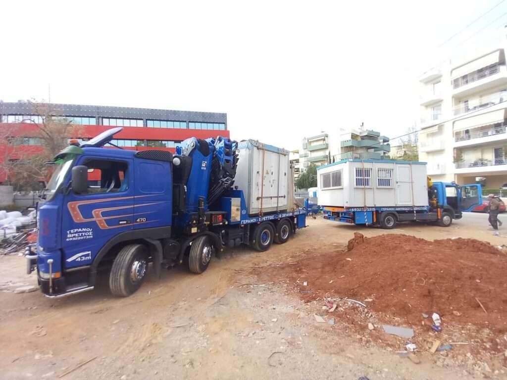 Μεταφορά και τοποθέτηση προκάτ οικίσκων με γερανοφόρο όχημα - Βρεττός Γερανοί Αττική